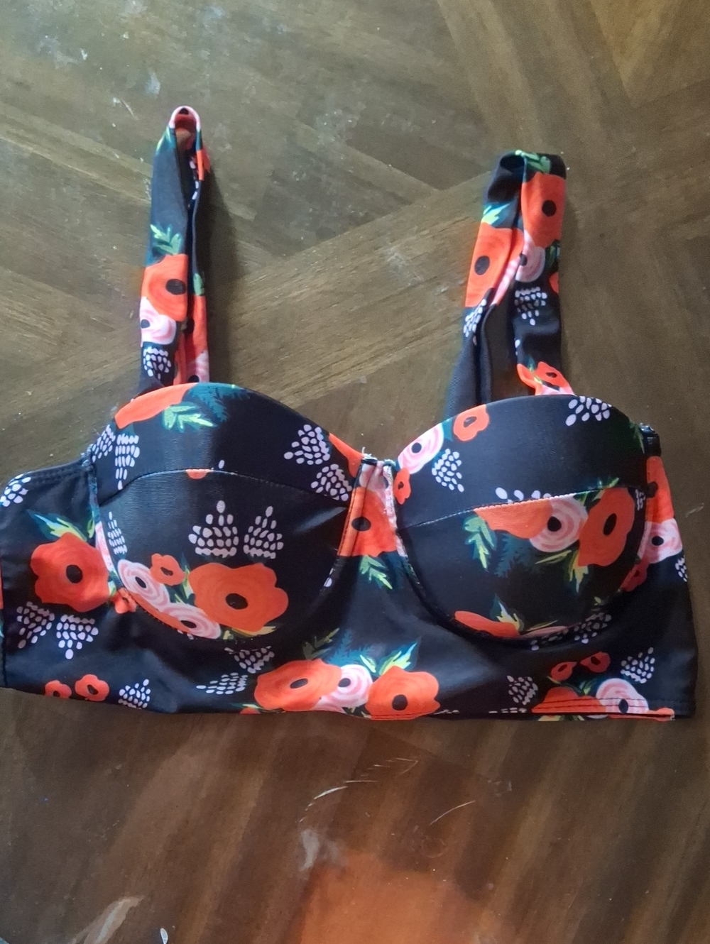 Floral Underwire Bustier Bra - Black with Red Floral